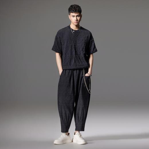 PINLI品立夏季新款提花树叶短袖T恤男士圆领捏褶宽松潮牌上衣B242111036 商品图3