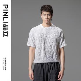 PINLI品立夏季新款提花树叶短袖T恤男士圆领捏褶宽松潮牌上衣B242111036