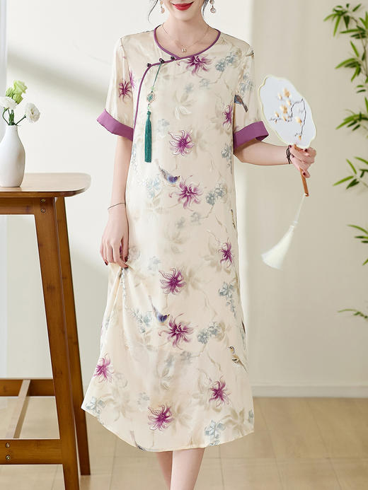 DNO衣服女裙子48849复古改良旗袍桑蚕丝真丝旗袍长裙连衣裙新中式 商品图1