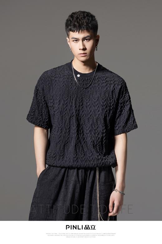 PINLI品立夏季新款提花树叶短袖T恤男士圆领捏褶宽松潮牌上衣B242111036 商品图9