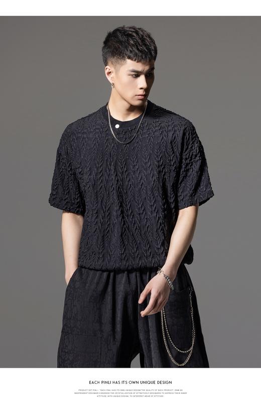 PINLI品立夏季新款提花树叶短袖T恤男士圆领捏褶宽松潮牌上衣B242111036 商品图7