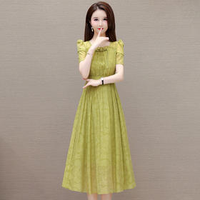 印花时尚皱褶拼接洋气A字裙，方领短袖显瘦修身连衣裙QYM-OMS-ZXA4156-L