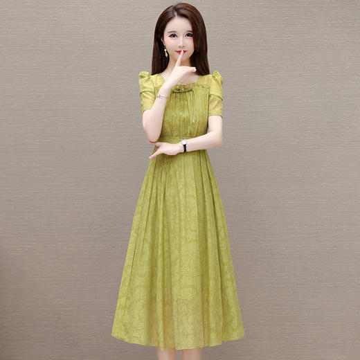 印花时尚皱褶拼接洋气A字裙，方领短袖显瘦修身连衣裙QYM-OMS-ZXA4156-L 商品图0