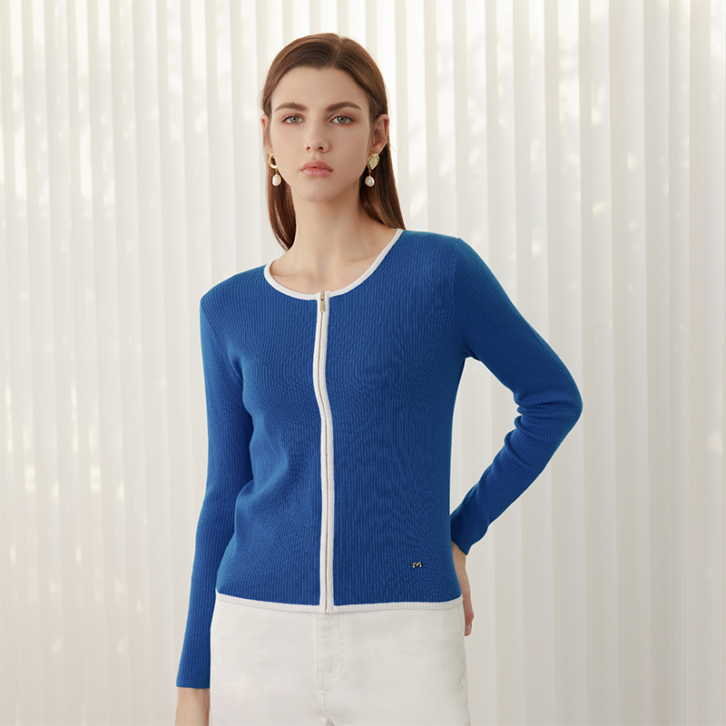 【圆领坑条纹修身针织开衫】24年春夏新品女士圆领条纹撞色修身显瘦开衫