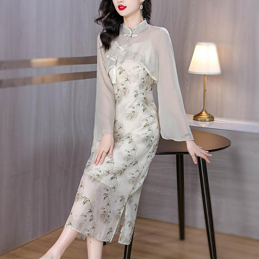 雀说时尚轻奢小清新印花吊带连衣裙改良版立领盘口外衫中长裙两件套AL 商品图3