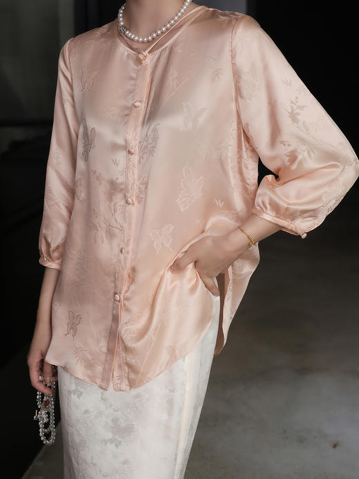 盛唐婧 |提花真丝缎七分袖气质上衣-粉色 商品图1
