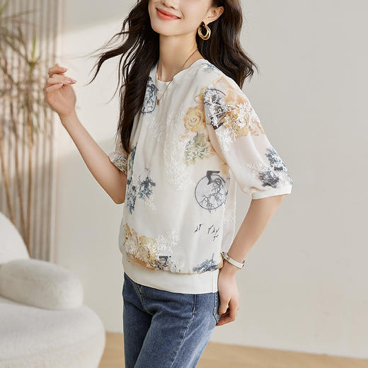 雀说新款数码刺绣宽松时尚洋气五分套头中袖T恤上衣AL303 商品图3