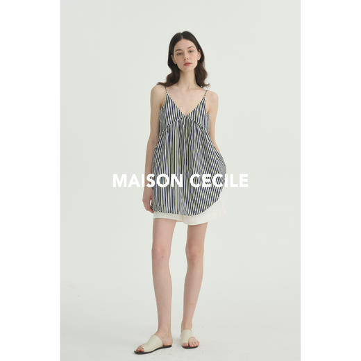 MAISON CECILE两色/夏日条纹天丝亚麻吊带V领上衣 商品图4