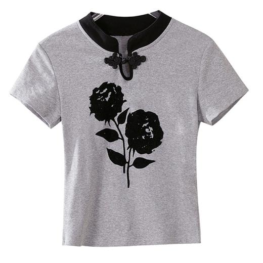 立领复古盘扣玫瑰印花短袖t恤K-E48M8132 商品图4