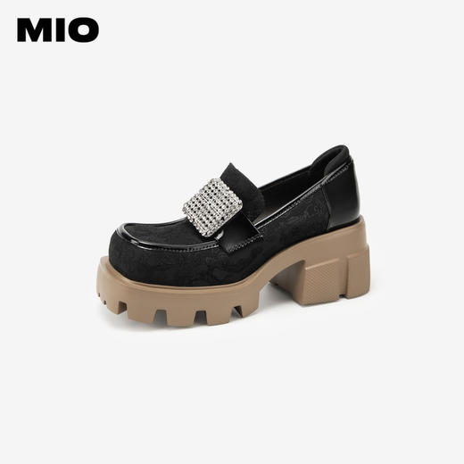 MIO米奥秋季高跟乐福鞋钻饰复古显高深口单鞋豆豆鞋女M244530260 商品图1