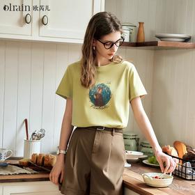 OLrain欧芮儿浅黄色短袖T恤女夏季2024新款简约百搭松鼠印花上衣