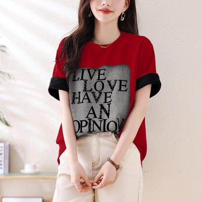 雀说手工钉钻字母印花T恤女新款袖口拼接宽松休闲打底上衣AL7118 商品图1