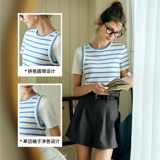OLrain欧芮儿条纹针织衫女夏季2024年新款通勤百搭圆领短袖上衣 商品图3