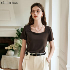 OLrain欧芮儿正肩短袖T恤女夏季2024年新款设计感简约方领上衣