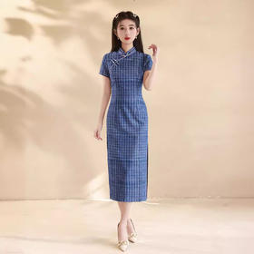改良文艺复古日常，棉麻格子民国风旗袍XL-24057
