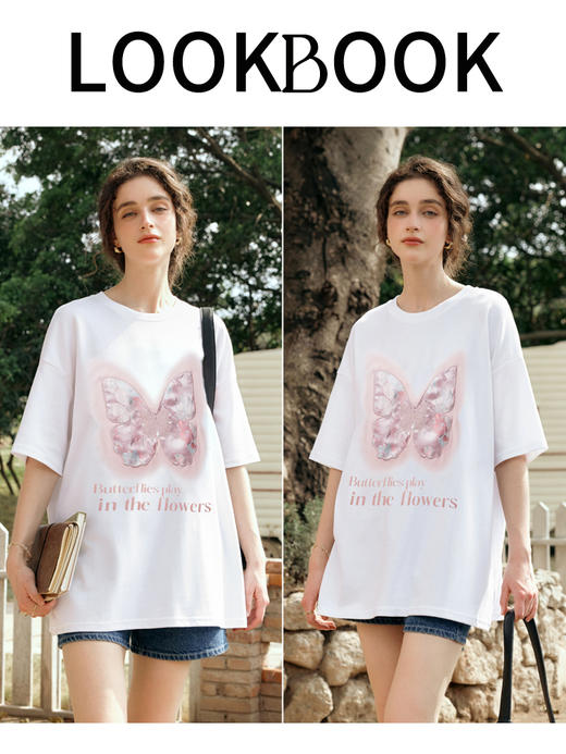 OLrain欧芮儿米白色短袖T恤女夏季2024新款宽松圆领大码显瘦上衣 商品图4