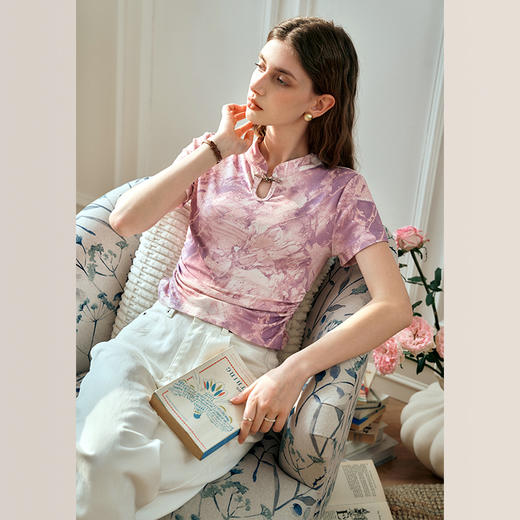 OLrain欧芮儿国风立领短袖T恤女夏季2024年新款高级感水墨画上衣 商品图1