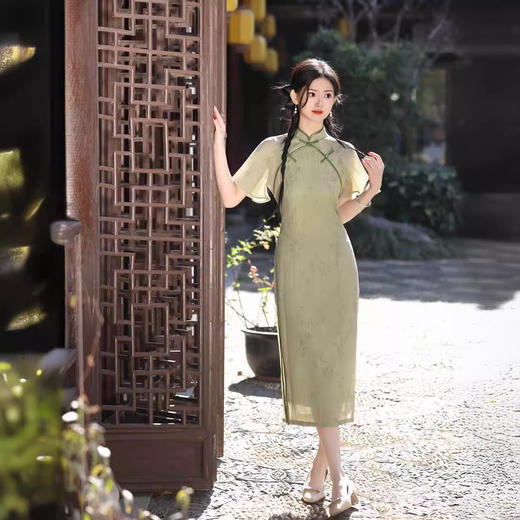 复古民国风年轻款，绿色丝麻倒大袖旗袍YG-2419 商品图0