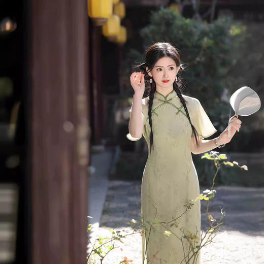 复古民国风年轻款，绿色丝麻倒大袖旗袍YG-2419 商品图1