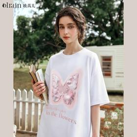 OLrain欧芮儿米白色短袖T恤女夏季2024新款宽松圆领大码显瘦上衣