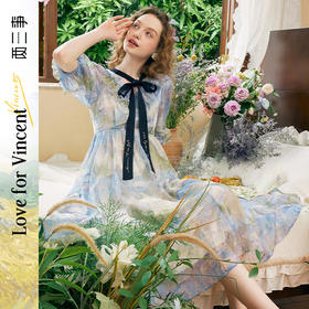 两三事梵高文艺 沉醉入梦 2024夏季新款刺绣撞色绑带印花连衣裙
