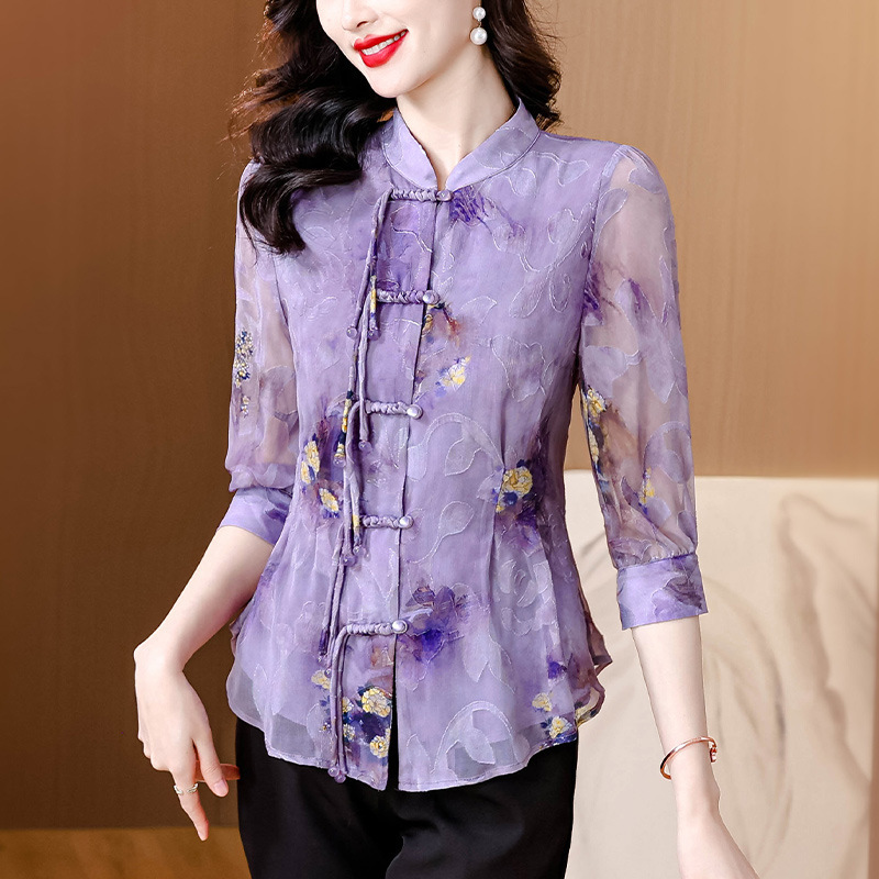 新中式衬衫七分袖衬衣，国风紫色小衫修身雪纺上衣KQL- A51N10105