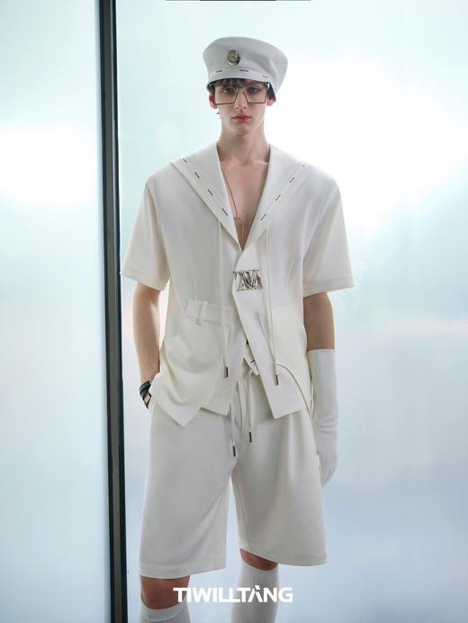 TIWILLTANG启世录“域海银启”海军领结构短袖衬衫刺绣拼接衬衣 商品图4