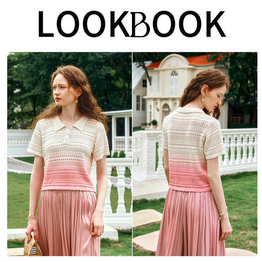 OLrain欧芮儿粉色POLO领针织衫女夏季2024年新款美式复古渐变短袖 商品图4