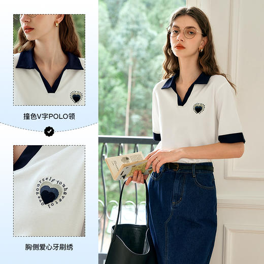OLrain欧芮儿撞色polo领T恤女夏季2024年新款时尚刺绣短袖上衣 商品图3