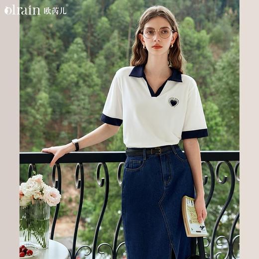 OLrain欧芮儿撞色polo领T恤女夏季2024年新款时尚刺绣短袖上衣 商品图0