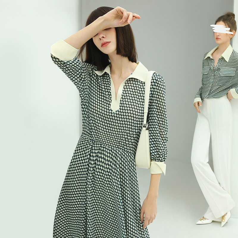 COCOBELLA波普印花长袖连衣裙女夏气质优雅飘带领迷笛长裙FR16B