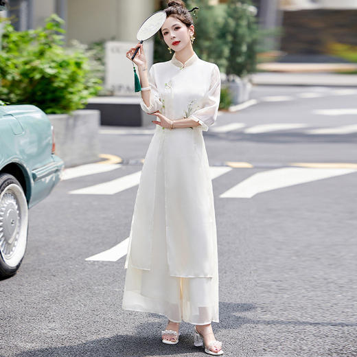 超透气复古新中式改良禅意茶服，两件套装显瘦百搭刺绣套装HR-ZMFS24416 商品图1