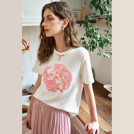 OLrain欧芮儿新中式短袖T恤女夏季2024年新款高级感别致刺绣上衣 商品图1