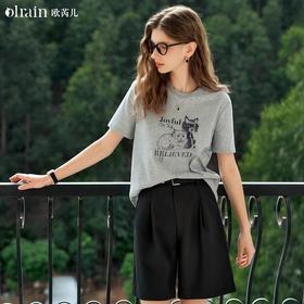 OLrain欧芮儿法式正肩T恤女夏季2024年新款简约灰色印花短袖上衣