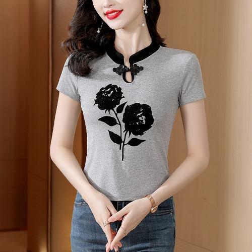 立领复古盘扣玫瑰印花短袖t恤K-E48M8132 商品图5