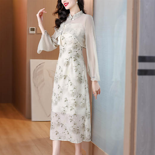 雀说时尚轻奢小清新印花吊带连衣裙改良版立领盘口外衫中长裙两件套AL 商品图1
