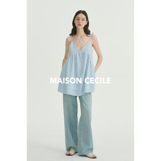 MAISON CECILE两色/夏日条纹天丝亚麻吊带V领上衣 商品图3