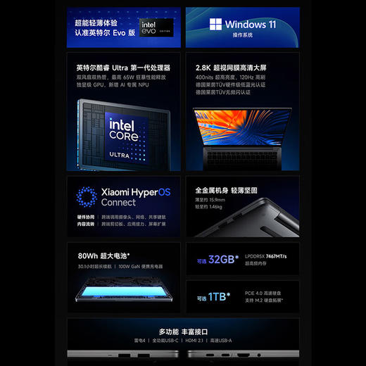 小米笔记本电脑 红米 RedmiBook Pro 14 2024 酷睿标压Ultra5 2.8K120hz高刷屏 轻薄本(32G 1T)蓝 商品图0