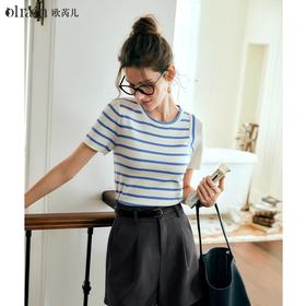 OLrain欧芮儿条纹针织衫女夏季2024年新款通勤百搭圆领短袖上衣