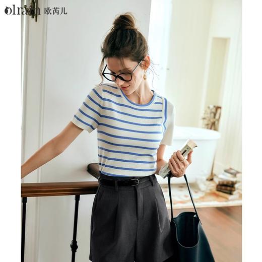 OLrain欧芮儿条纹针织衫女夏季2024年新款通勤百搭圆领短袖上衣 商品图0