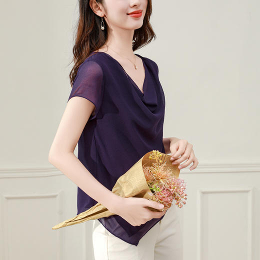 气质不规则紫色百搭显瘦，v领洋气小衫雪纺上衣KQL- B43N1897 商品图2