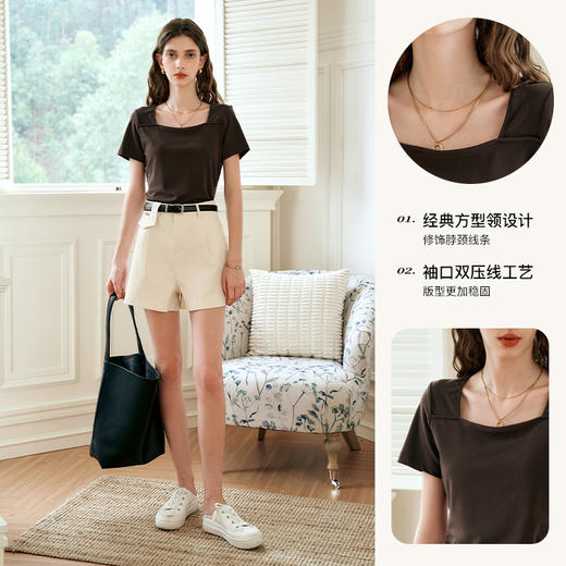 OLrain欧芮儿正肩短袖T恤女夏季2024年新款设计感简约方领上衣 商品图3