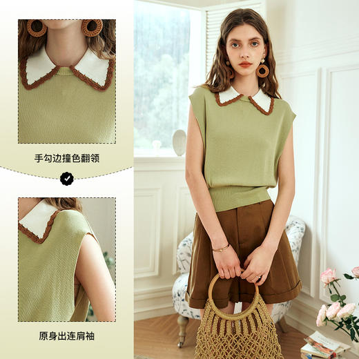 OLrain欧芮儿绿色针织衫女夏季2024年新款撞色翻领手勾边针织衫 商品图3