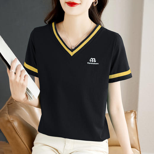 福利款~雀说撞色v领白色短袖t恤夏季女装显瘦正肩上衣高端半袖体恤AL20164 商品图2