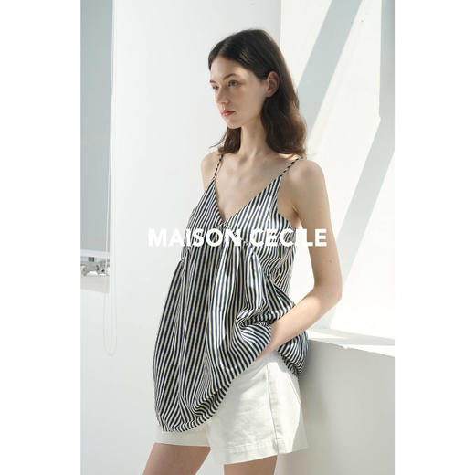 MAISON CECILE两色/夏日条纹天丝亚麻吊带V领上衣 商品图2