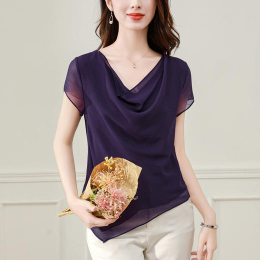 气质不规则紫色百搭显瘦，v领洋气小衫雪纺上衣KQL- B43N1897 商品图3