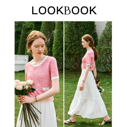 OLrain欧芮儿粉色圆领针织衫女夏季2024年新款小香风宽松套头短袖 商品图4