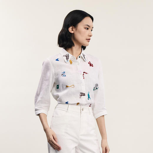 谜底绣花衬衫七分袖女2024夏季新品复古风亚麻宽松衬衣242MC0643 商品图1