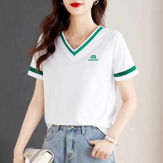 福利款~雀说撞色v领白色短袖t恤夏季女装显瘦正肩上衣高端半袖体恤AL20164 商品图0