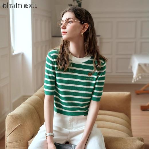 OLrain欧芮儿条纹针织衫女夏季2024年新款时尚宽松圆领短袖上衣 商品图0